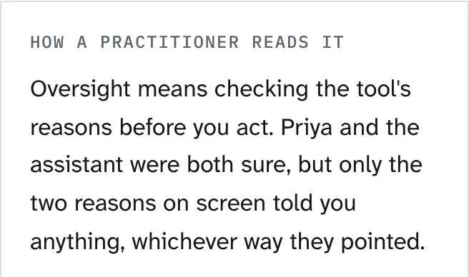 'How a practitioner reads it': oversight means checking the tool's reasons before you act.