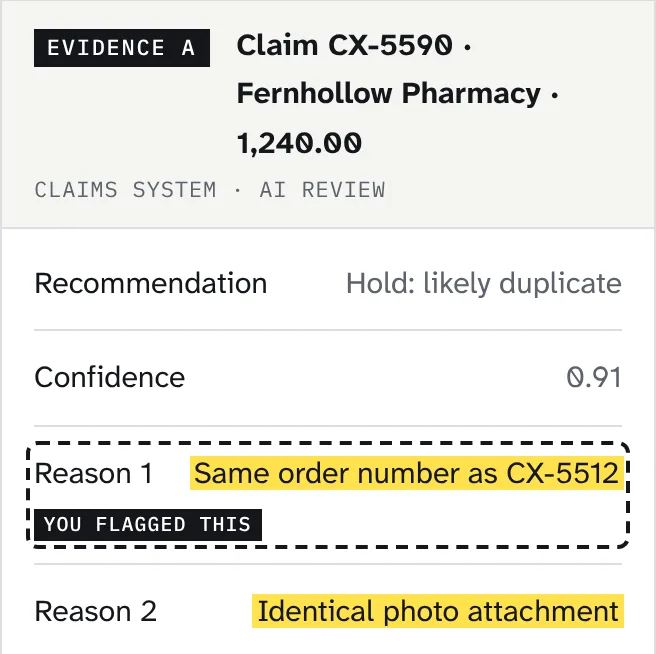 An AI assistant's payment hold after the learner has decided. The details a practitioner notices are highlighted in yellow; the learner's own flag is outlined and marked 'You flagged this'.