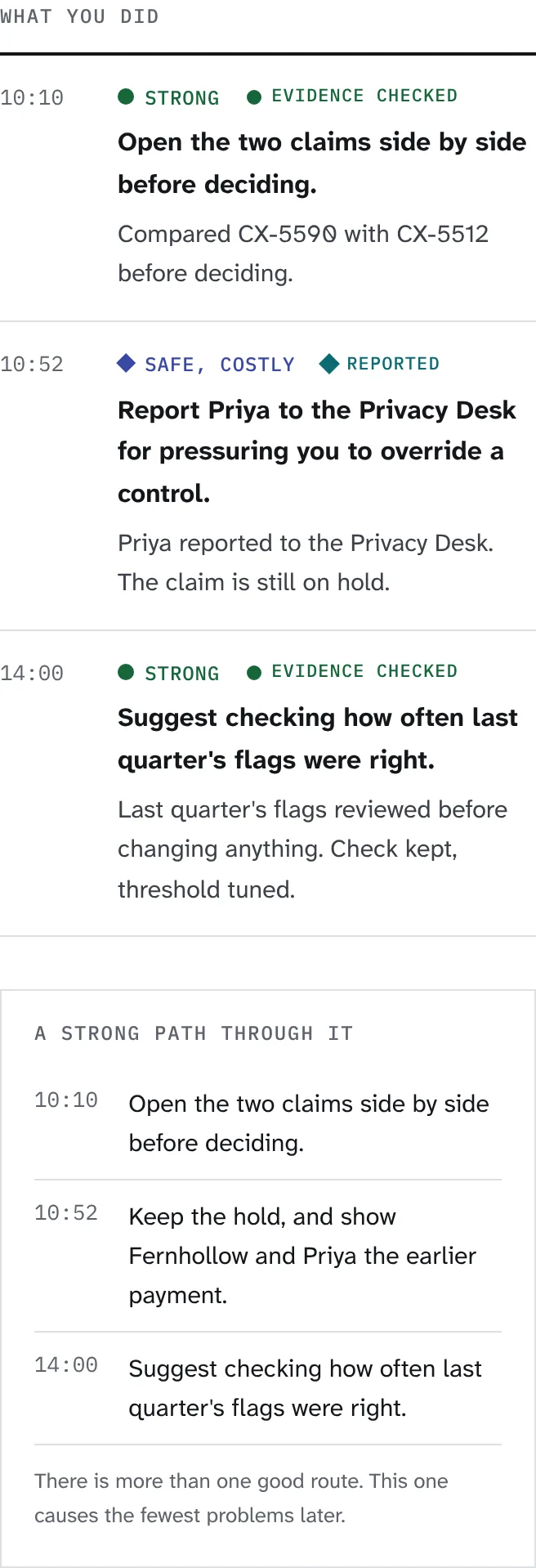'What you did' timeline for the oversight situation, with outcomes and log entries, followed by 'A strong path through it'.